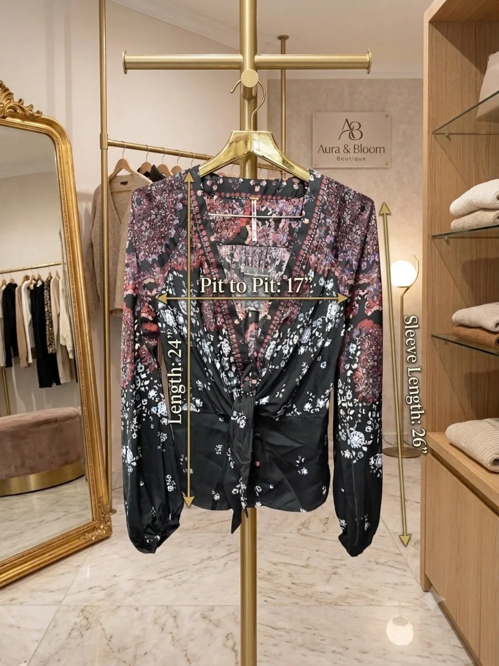 Free People Black Floral Print Peplum Tie-Front Blouse with Burgundy Accents